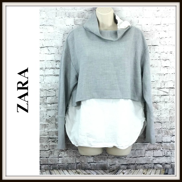 Zara Tops - Zara Mixed Material Funnel Zipper Neck Shirt Top